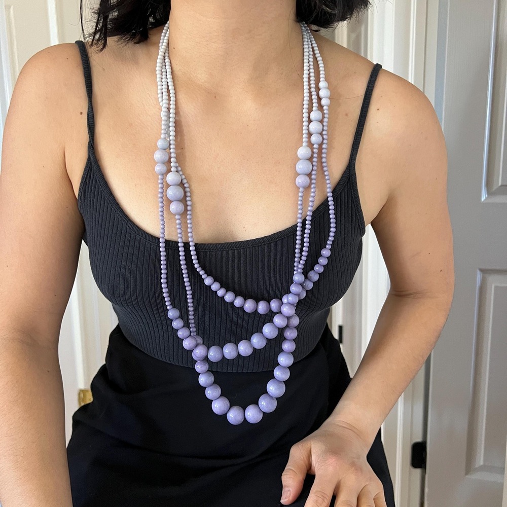 Vintage 80s beaded necklace lavender‎ grey pastel 3 strand retro romantic